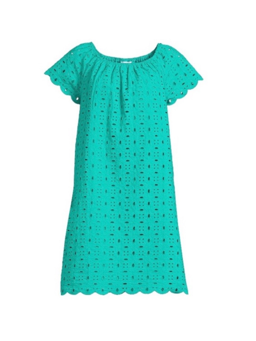 Time and Tru Teal Eyelet Scallop-Trim Casual Dress